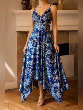 100% Silk Boho Paisley Dress | Small | Empire Waist A-Line